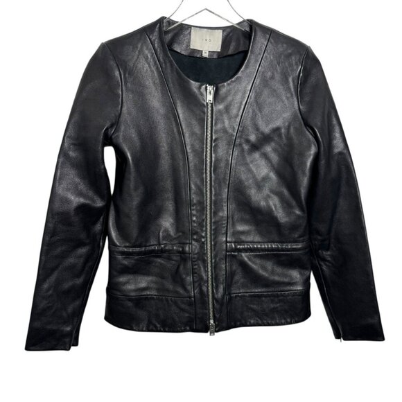 IRO Black Lambskin Leather Jacket Moto Biker women Size 36 US 4 small collarless - Picture 1 of 6